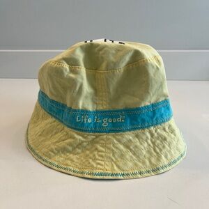 - Life is good reversible 100% cotton kids bucket hat yellow blue
